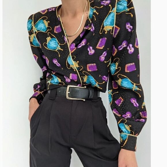 Vintage Ornate Printed Silk Cocktail Blouse Top Long Sleeve Novelty Women Size 2 - Picture 4 of 10